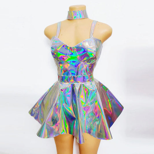 ASHBURN™ Holographic Embroidered Bodysuit & Skirt Set – Laser Clubwear for Festival + Stage Seduction
