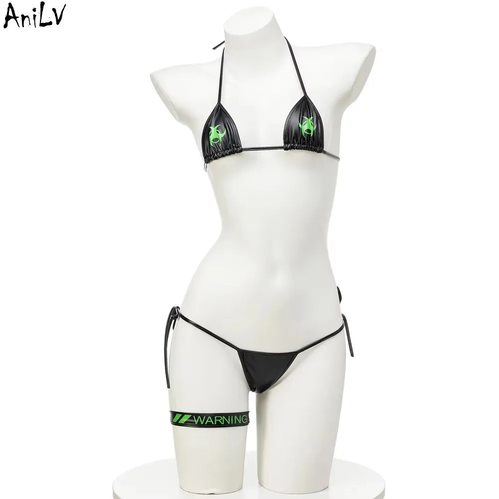 AniLV Danger Warning Yellow Bikini Swimsuit Women Anime Game Three Point Leather Underwear Set Costume Cosplay