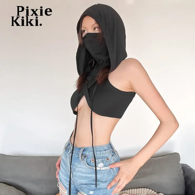 PixieKiki Hooded Cross Crop Top Rave Clothes Y2k Women Streetwear Sexy Clubbing Irregular Tank Tops P71-CZ17