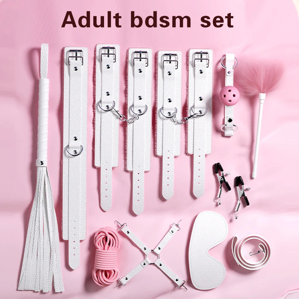 Exotic Bed Bondage Set BDSM Kits Exotic Sex Toys For Adults Games Leather Handcuffs Whip Gag Nipple Clamps Women Sex Products
