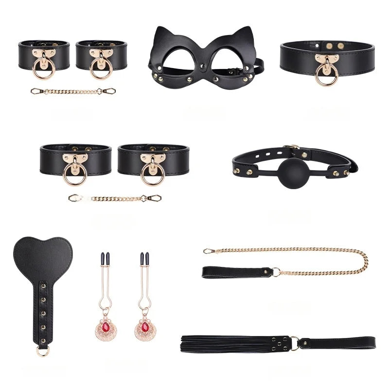 Genuine Leather BDSM Bondage Set - High Quality Fetish Handcuffs, Collar, Gag & Whip for Women, Couples Adult Erotic Sex Toys