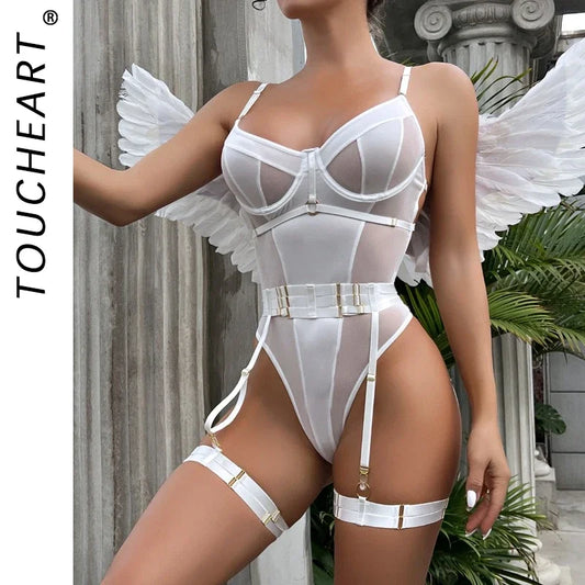 Toucheart Sexy Slim Bodysuit Women Belt Heavy Metal High-end Underwear 3-piece Set Mesh Patchwork See-through Sexy Lingerie Set