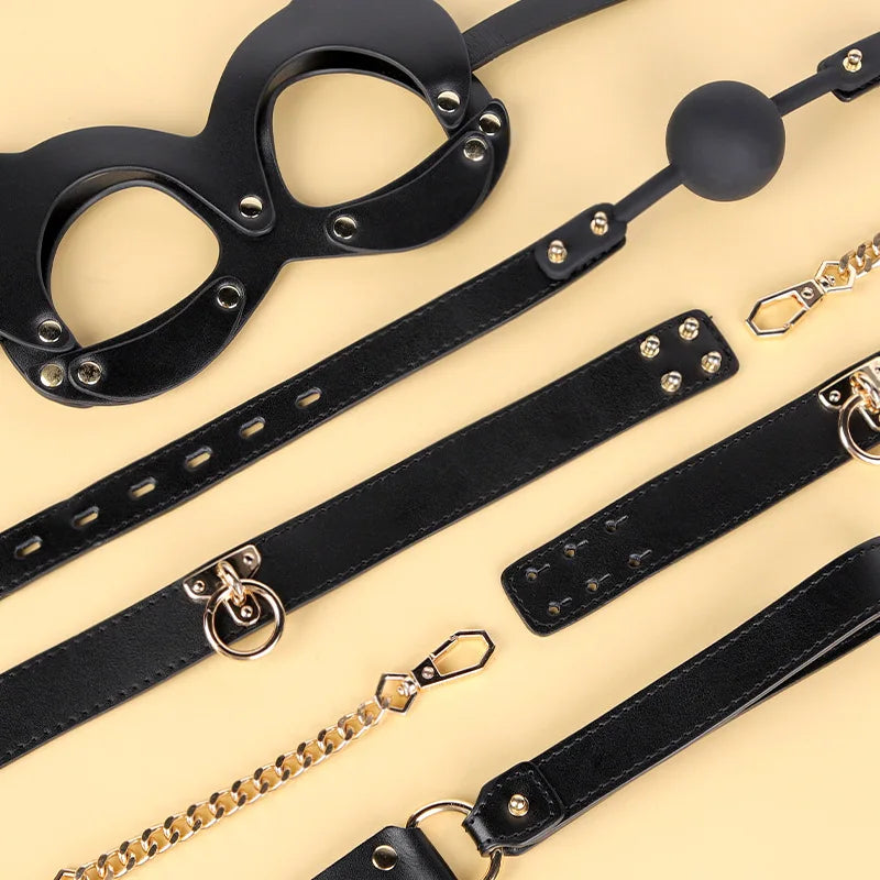 Genuine Leather BDSM Bondage Set - High Quality Fetish Handcuffs, Collar, Gag & Whip for Women, Couples Adult Erotic Sex Toys