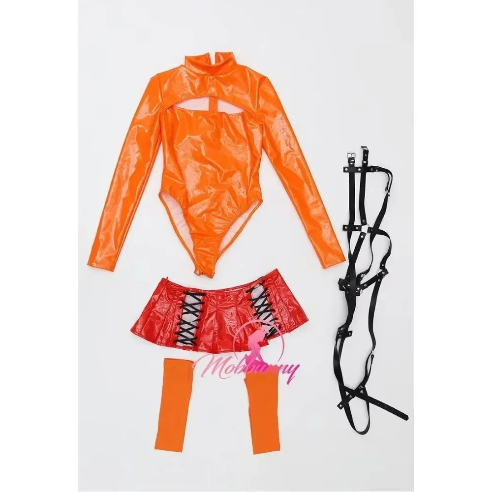 Women Velma Cosplay Costume Women Lingerie Orange Chest Open Bodysuit and Lace-up Mini Skirt with Socks