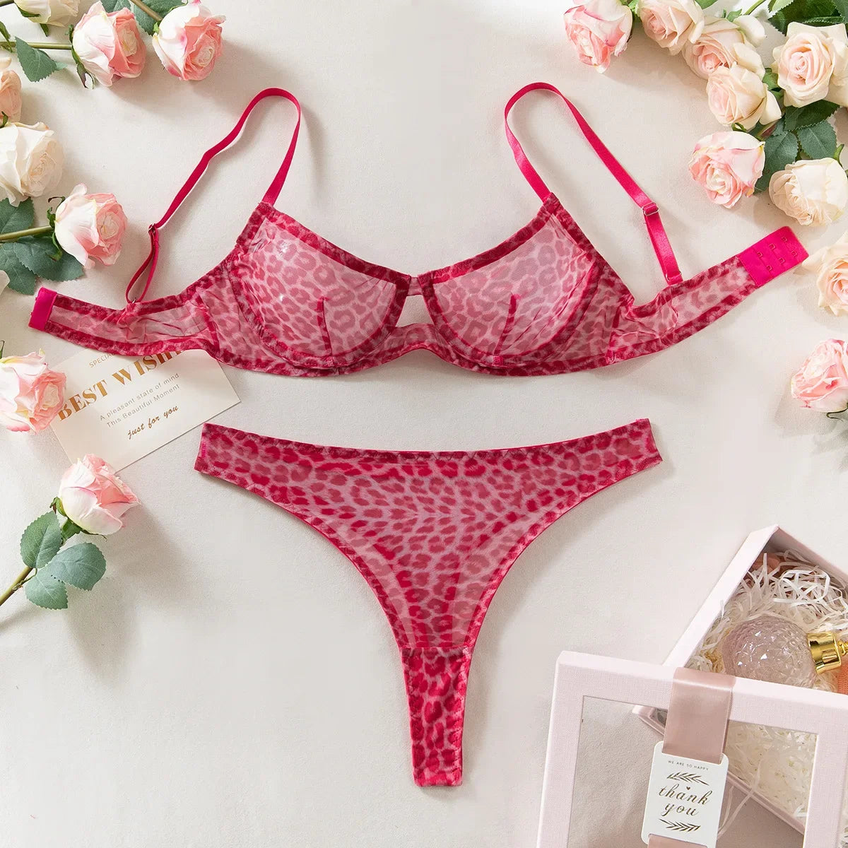 Toucheart 2-Piece Sexy Leopard Print Lingerie Set Bra Women Hollow Sexy Lingerie Thin Mesh Patchwork Print See-Through Sexy Set