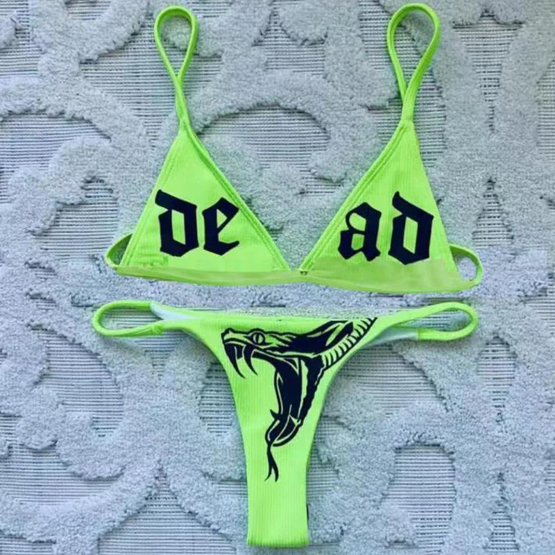 Gothic Bikini 2025 Women Letters Snake Print Bra Triangle Bottom Swimsuit Split Bathing Suit Underwear Y2K Bikinis Punk Swimwear