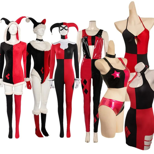 Quinzel Cosplay Costume Adult/Women Jumpsuit Bikini Top Shorts Neckband Swimsuit Outfits Halloween Carnival Party Disguise Suit