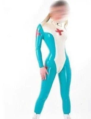 Latex Rubber Gummi Light blue Bodysuit Nursing Uniform Catsuit Size XS~XXL