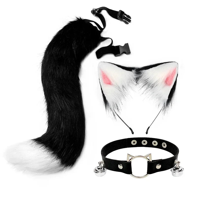 Fox Cat Ears Mask+Tail +Gloves，Fluffy Animal Headwear Ears Hairpin+Tail +Bell，Hair Hoop Set for Halloween Cosplay Accessories