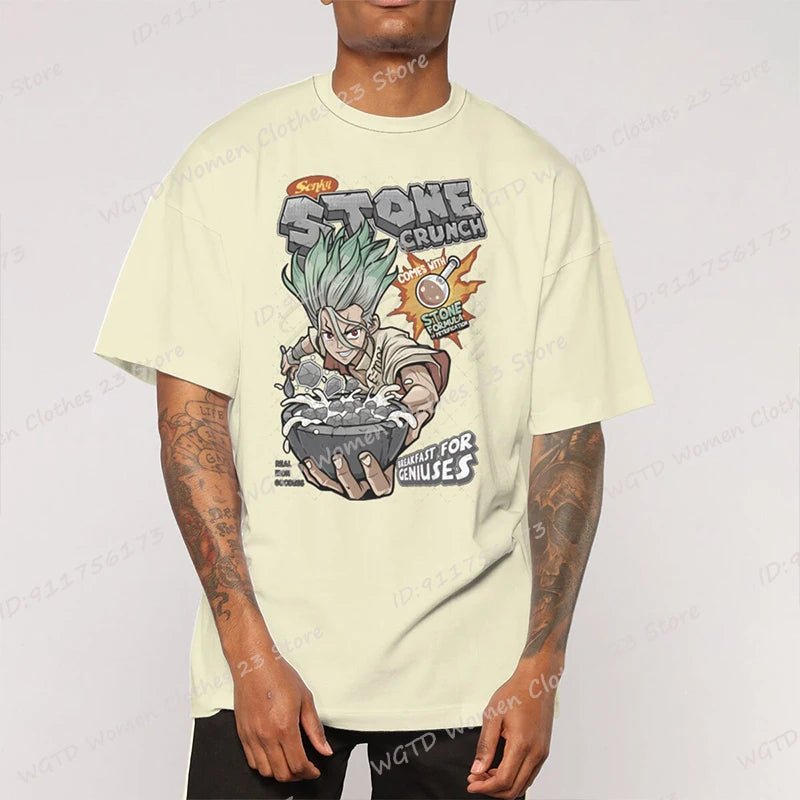 Anime Dr Stone Print T-shirts For Women/Men Summer Round Neck Solid Color Tee Shirts Fashion Casual Popular Oversized Tee Shirts
