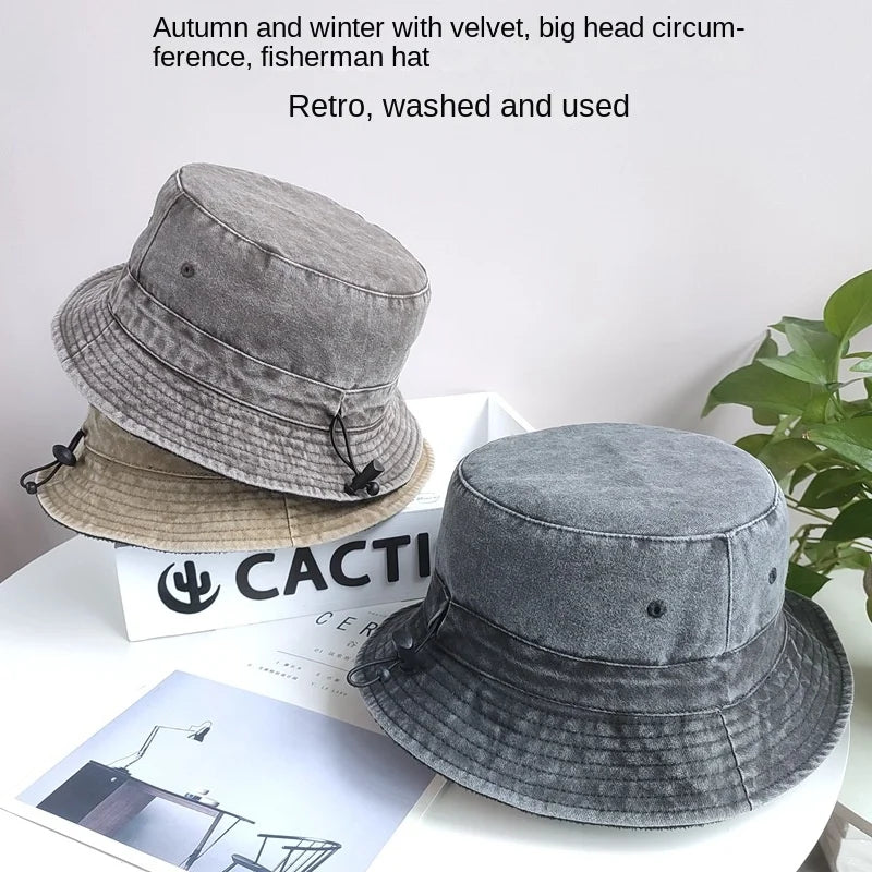 Bucket Hats with Thin Fleece Lined for Men and Women, Oversized Caps, Cotton Stone Washed, Big Head, XXXL, 59-62cm, 63-64cm