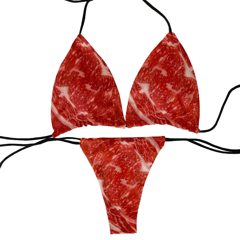 Funny pork belly pattern printed bikini set personality fashionable skinny bikini deep V summer beachwear party bikini