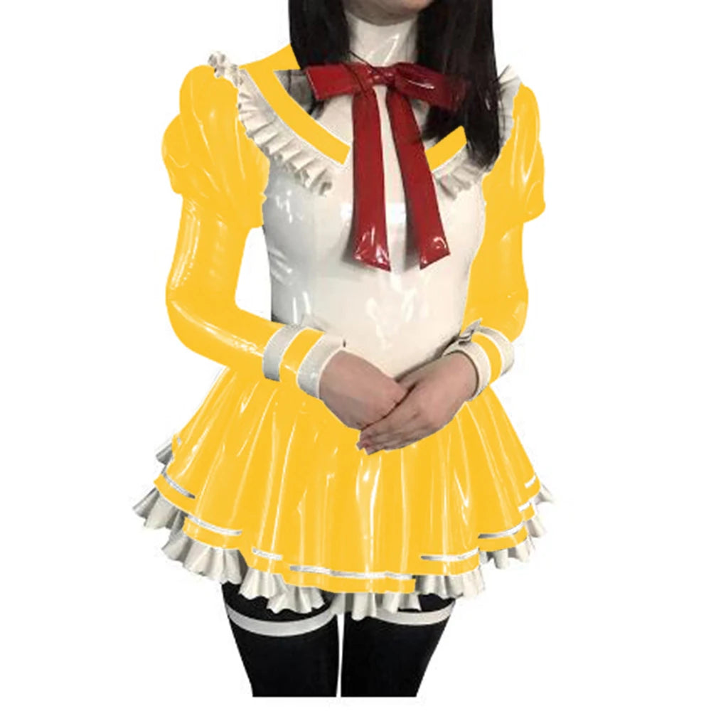 Cosplay Custom Mini Dress Sexy Faux Latex French Maid Club Dresses Long Puffs Sleeves Ruffles PVC Uniform Outfit Clubwear