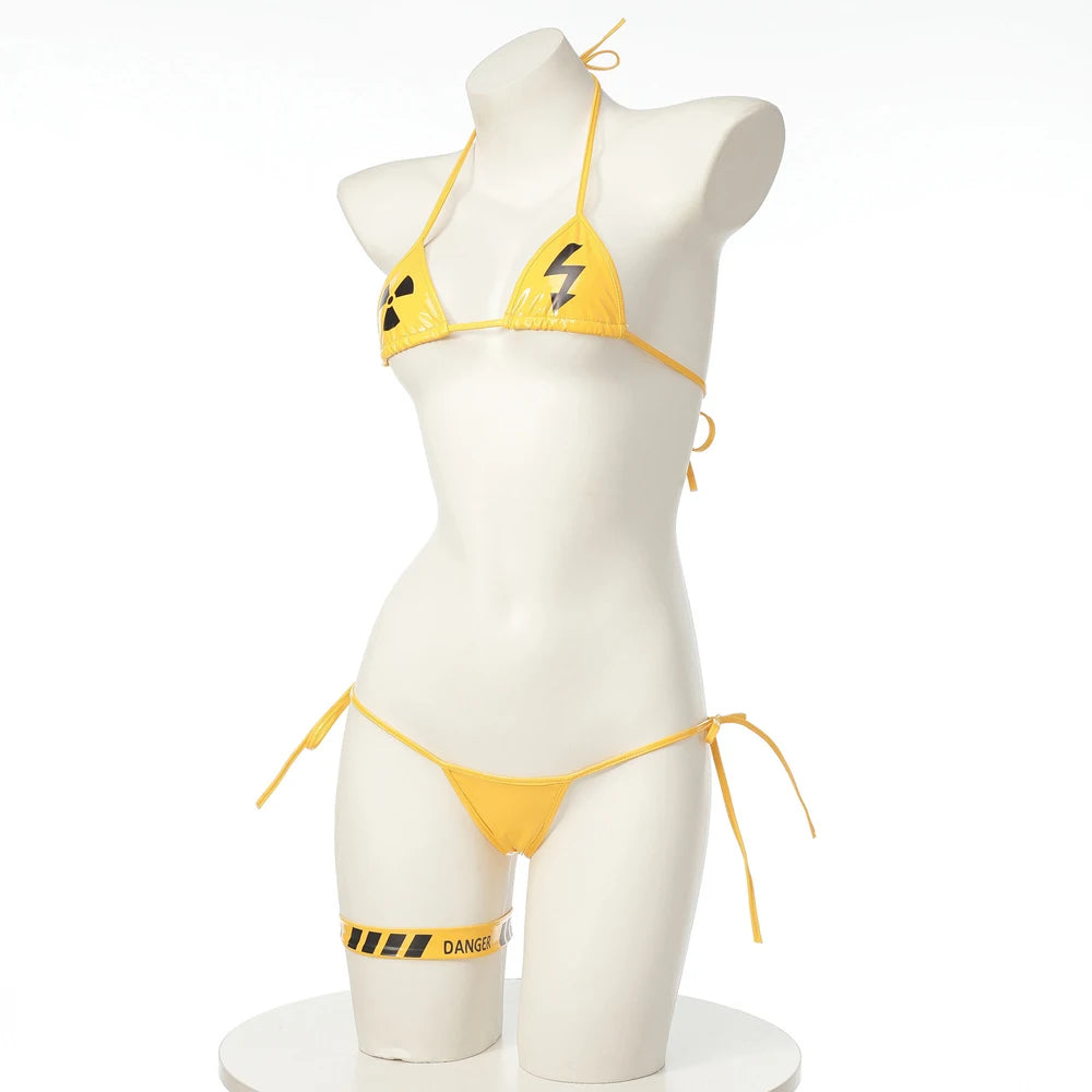 AniLV Danger Warning Yellow Bikini Swimsuit Women Anime Game Three Point Leather Underwear Set Costume Cosplay