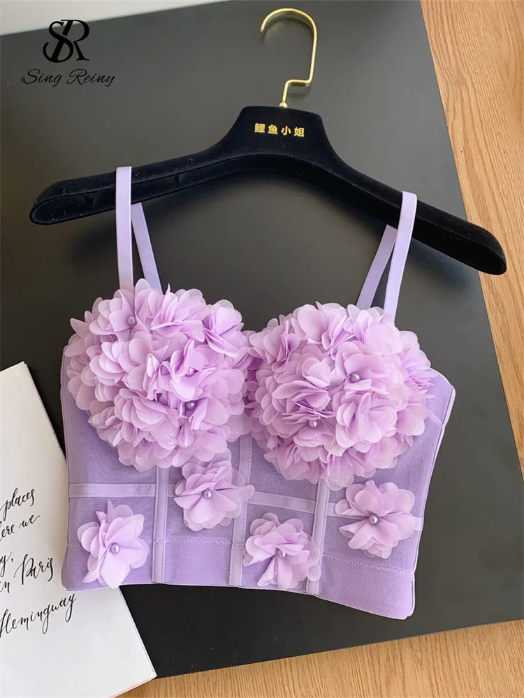 SINGREINY Lace Gauze 3D Flowers Sexy Camisole Women Deading Design Slim Top Fashion Streetwear Ladies Short French Sweet Camis