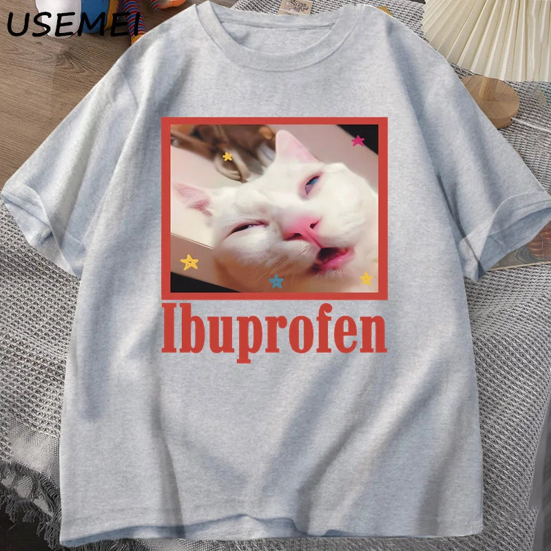 Ibuprofen Cat Meme Tshirt Funny Cat Graphic Tee Cute Cat Lover Cotton T-Shirt Casual Funny T Shirts Unisex Oversized Tshirt Tee