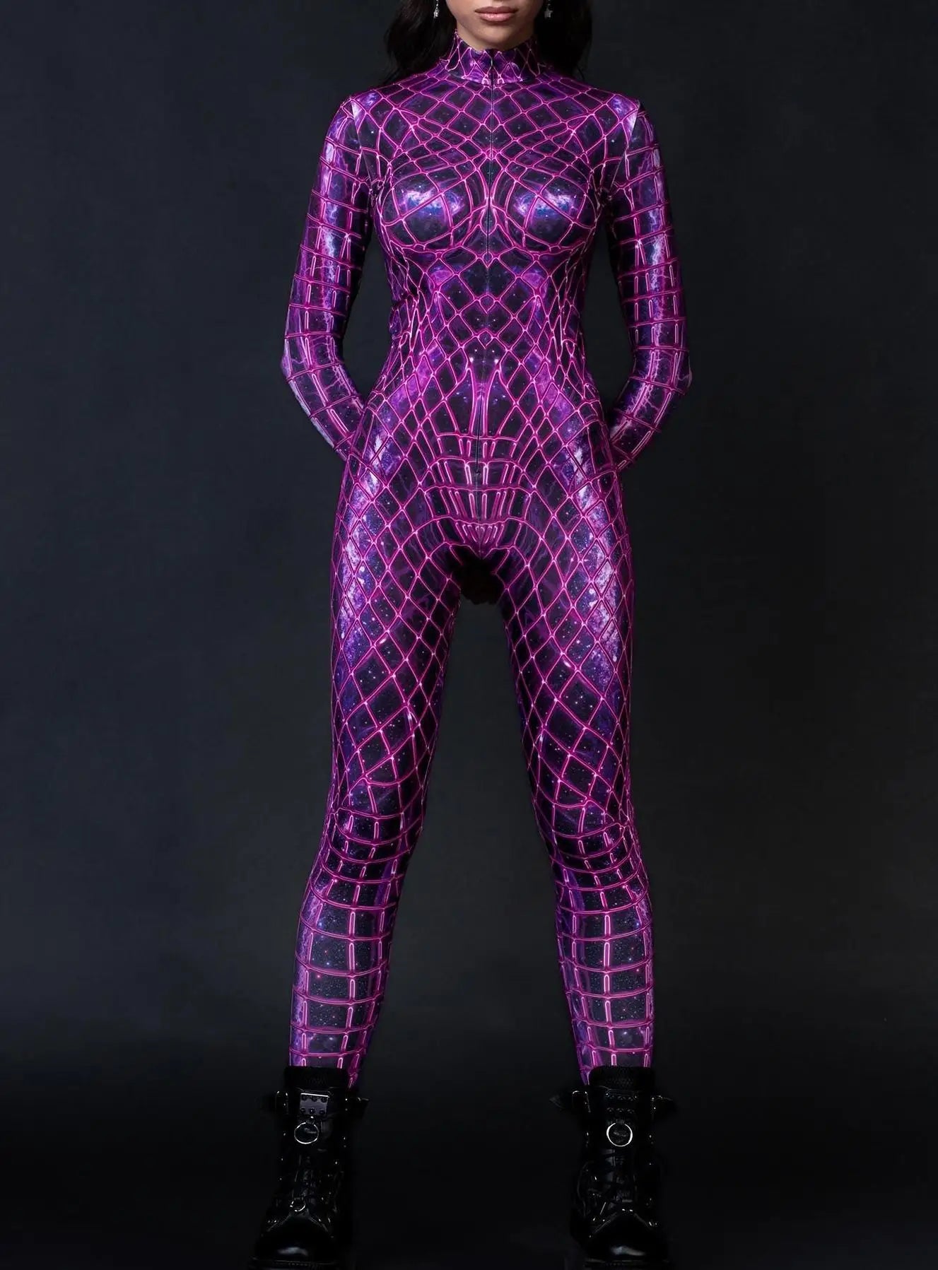 Sexy Net Pink Line Bodysuit Punk Gothic Women Cosplay Jumpsuit Carnival Slim Zentai Suit Costume Festival Theme Party Catsuit