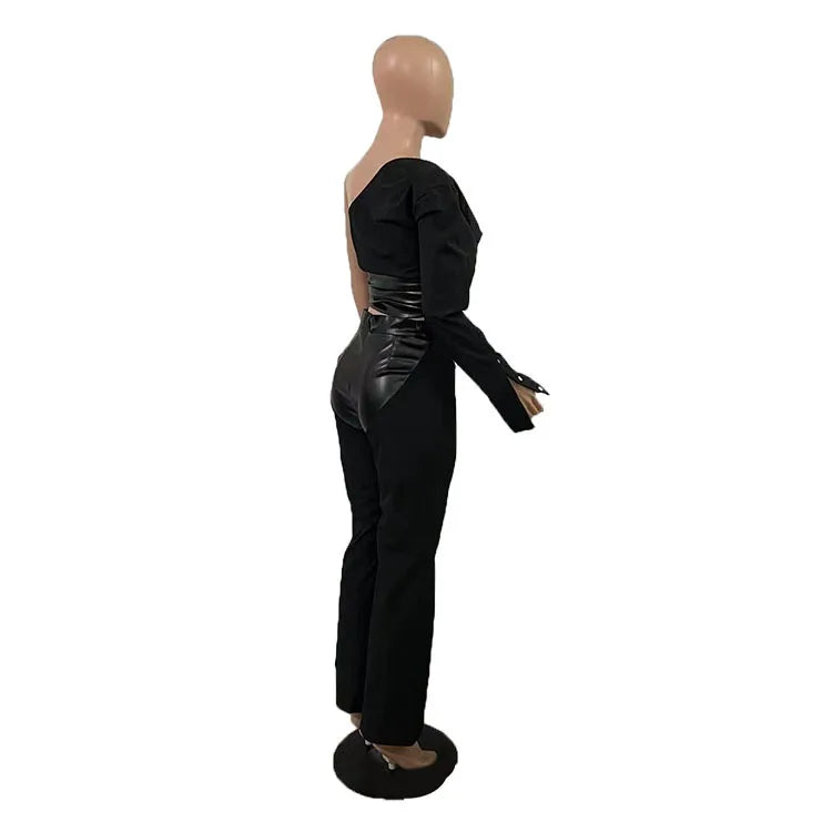 Women Two Piece Pant Sets Leather Spliced Long Pants Button One Shoulder Tops Irregular Patchwork Streetwear Slim Fits 2025