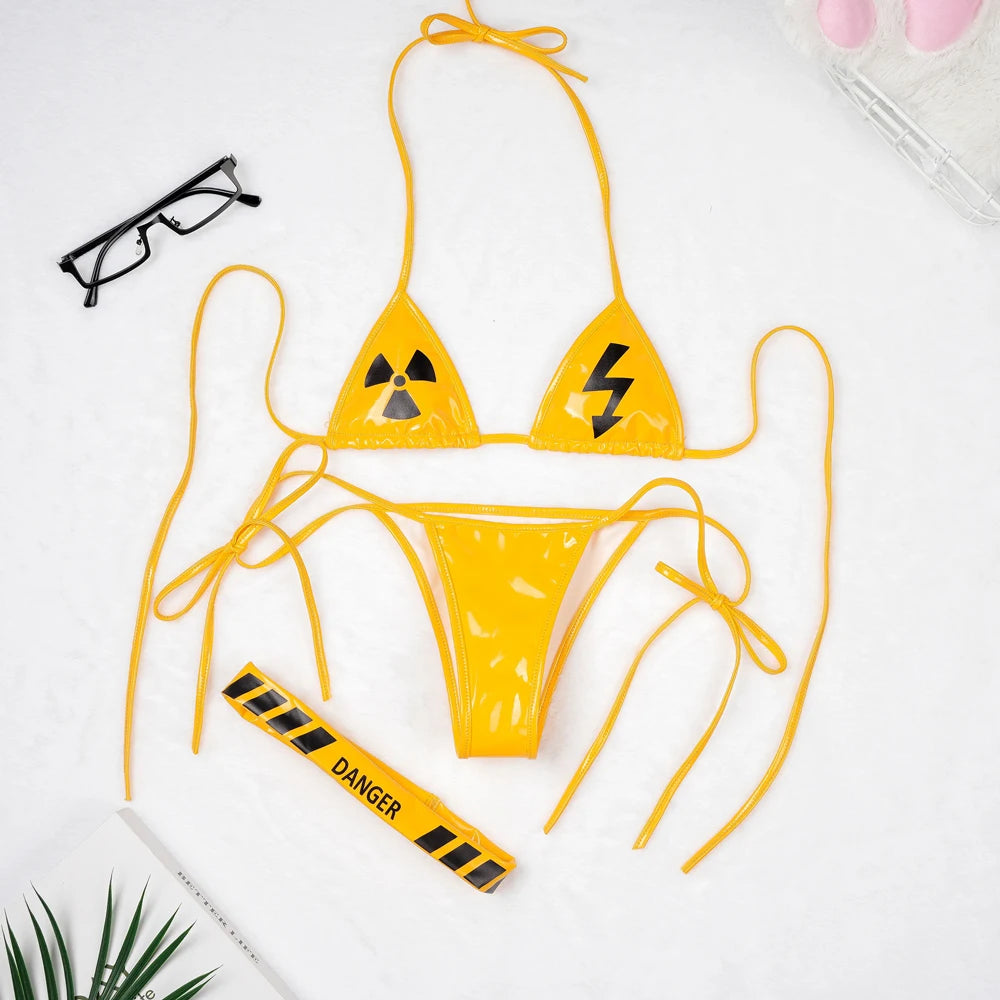 AniLV Danger Warning Yellow Bikini Swimsuit Women Anime Game Three Point Leather Underwear Set Costume Cosplay