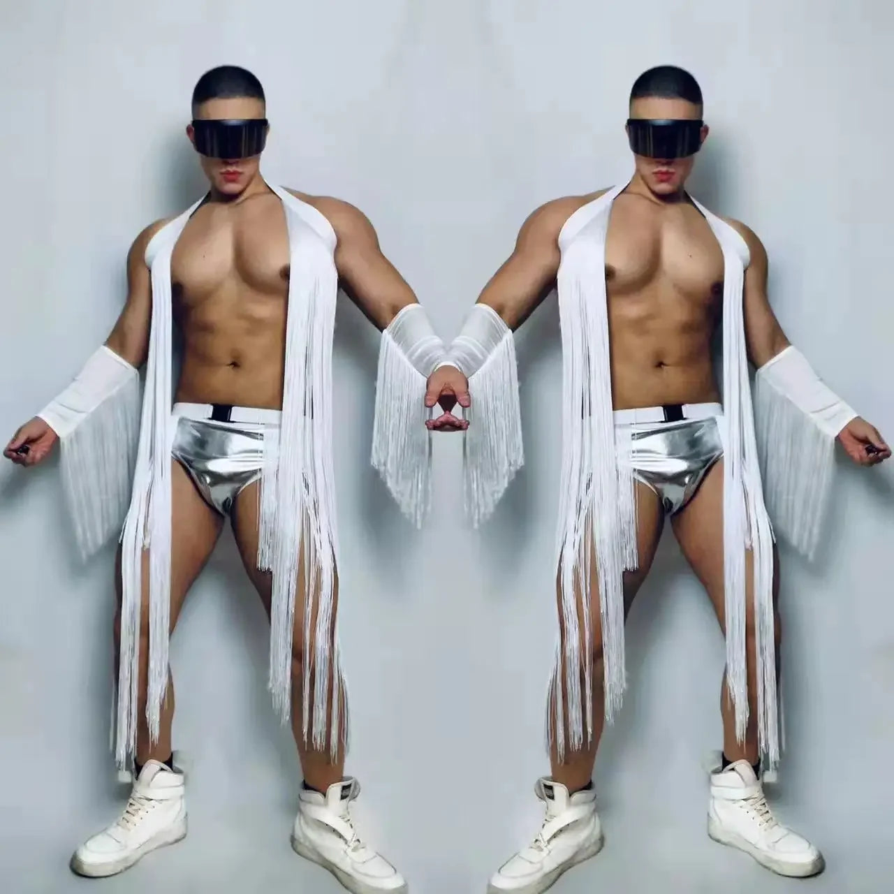 Male DJ Dancer Team Sexy Stage Wear Nightclub Bar Gogo Dance Costume White Tassel Festival Rave Outfits Club Party Rave Outfits