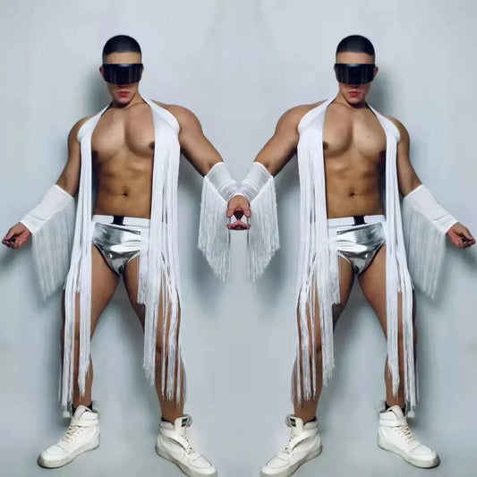 Male DJ Dancer Team Sexy Stage Wear Nightclub Bar Gogo Dance Costume White Tassel Festival Rave Outfits Club Party Rave Outfits