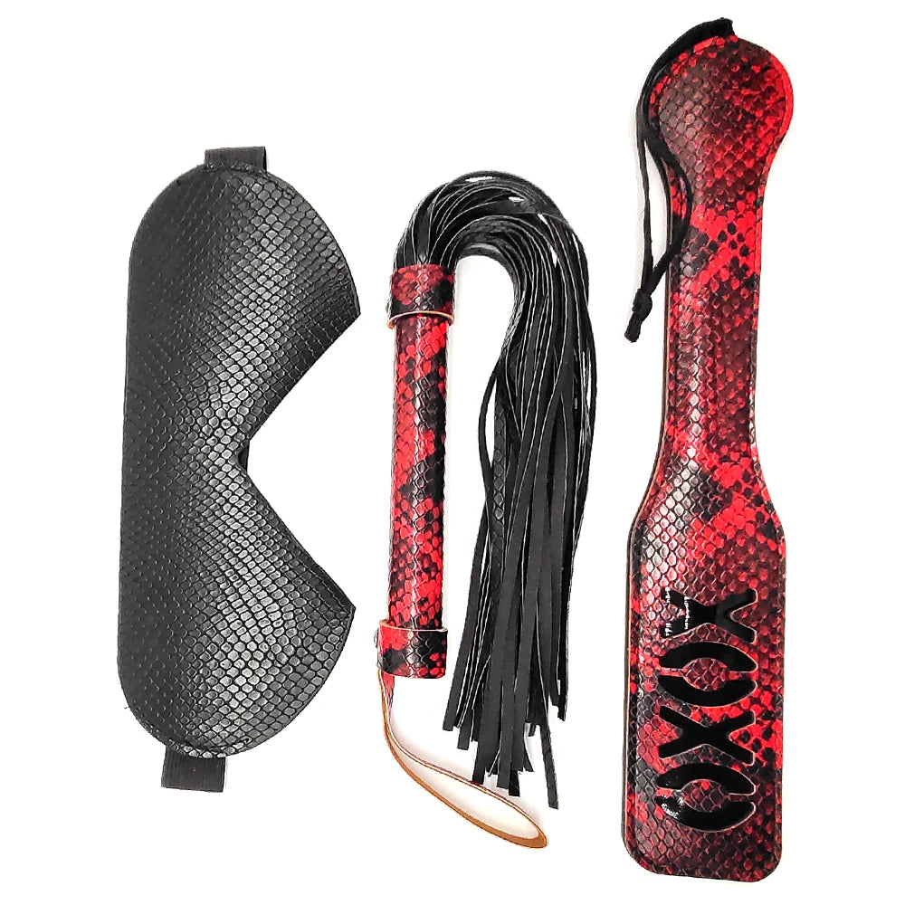 3pcs Bondage Kits Snake Leather Restraint BDSM Sets XOXO Paddle Spanking Whip and Blindfold Bondage Sex Toy for Couples