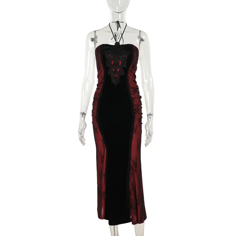 Goth Dark Ladies Elegant Fashion Tight Halter Mermaid Dresses Hotsweet Corset Mesh Maxi Dress Gothic Pleated Bodycon Party Gown