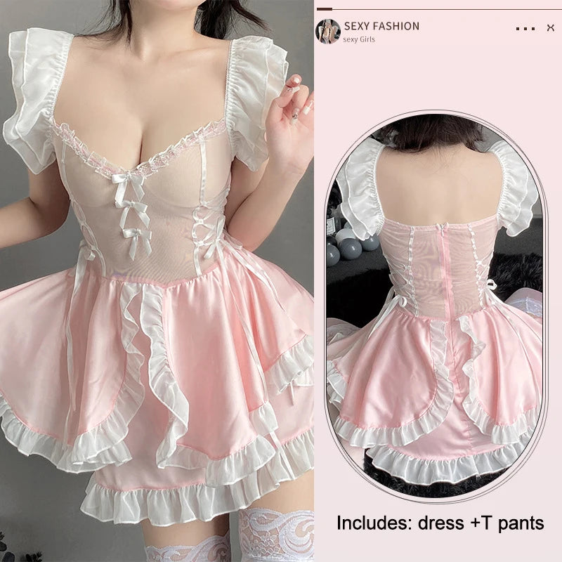 Maid Dress Cosplay Costumes Women Sexy Lingerie Perspective Erotic Underwear Sweet Uniform Skirt Maid Lace Outfit Porno Suit