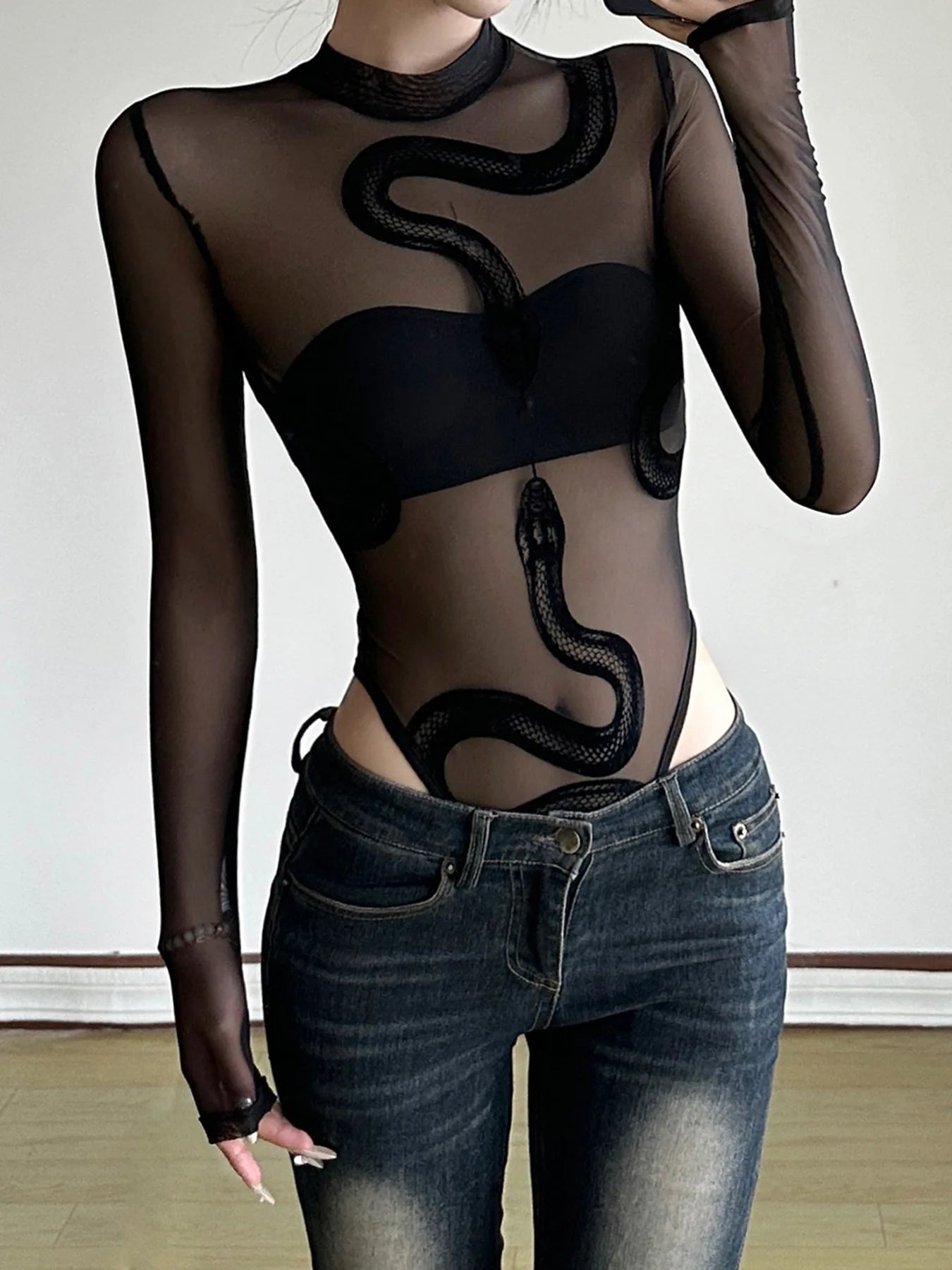New spicy girl snake print perspective sexy splicing round neck mesh bodysuits for women