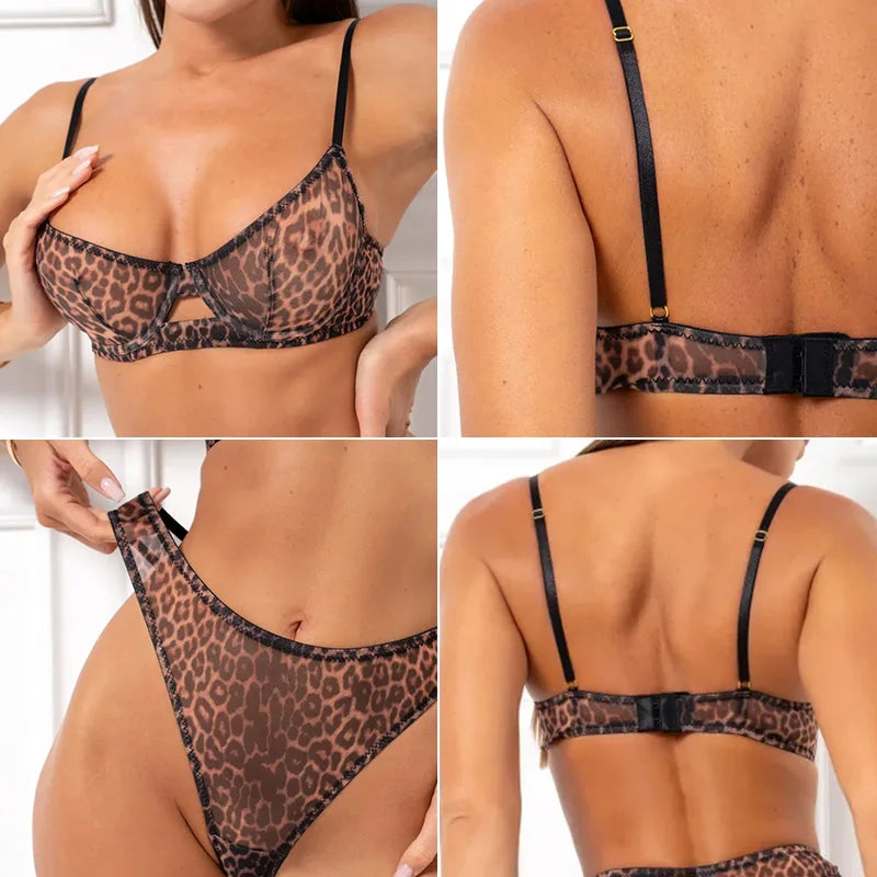 Toucheart 2-Piece Sexy Leopard Print Lingerie Set Bra Women Hollow Sexy Lingerie Thin Mesh Patchwork Print See-Through Sexy Set