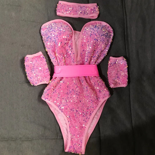 Bodysuit Sexy Deep V Neck Pink Sequins Bar Nightclub Female Singer Dancer Stage Wear Team DJ Jazz Dance Show Performance Costume