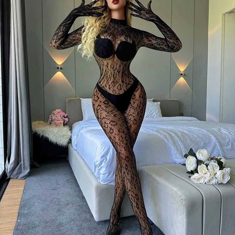 Toucheart Sexy Mesh Jumpsuit Women's Underwear Long-sleeved Jumpsuit Fishnet Top with Closed Crotch Perspective Sexy Jumpsuit