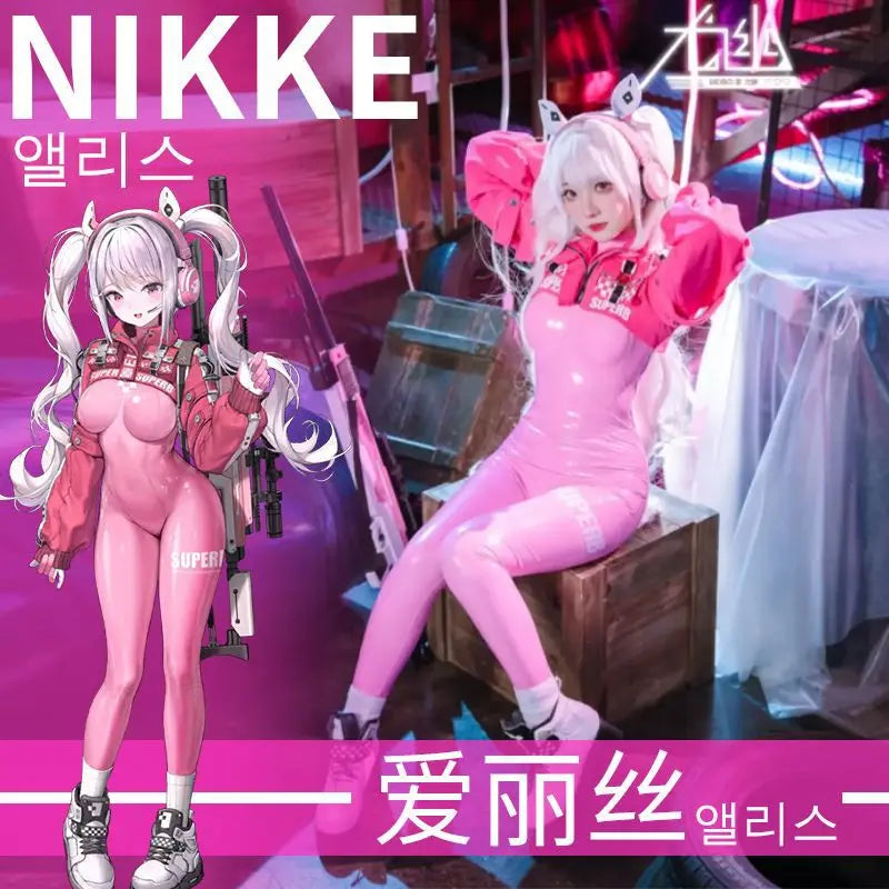 Women’s Nikki Alice Cosplay Costume Bodysuit with Ear Gloves Wig Cosplay Latex Cat suit Jumpsuit Jacket Suit