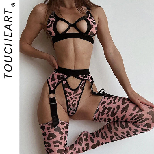 Toucheart 4-Piece Leopard Lingerie With Stocking Cut Out Bra Sensual Brief Sets See Through Lace Fancy Underwear Garter Suit New