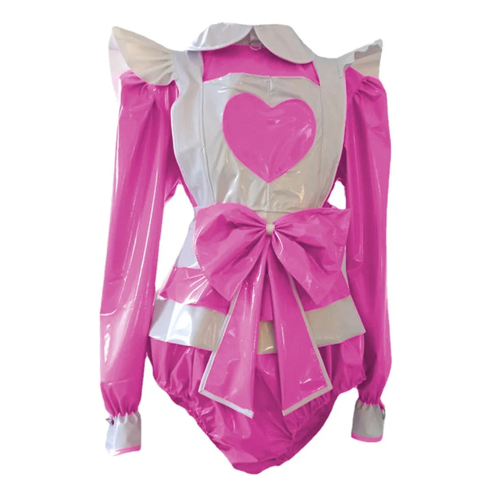 Long Sleeve heart Rompers Maid style with Big Bow Apron Spandex PVC Leather Cosplay Suits