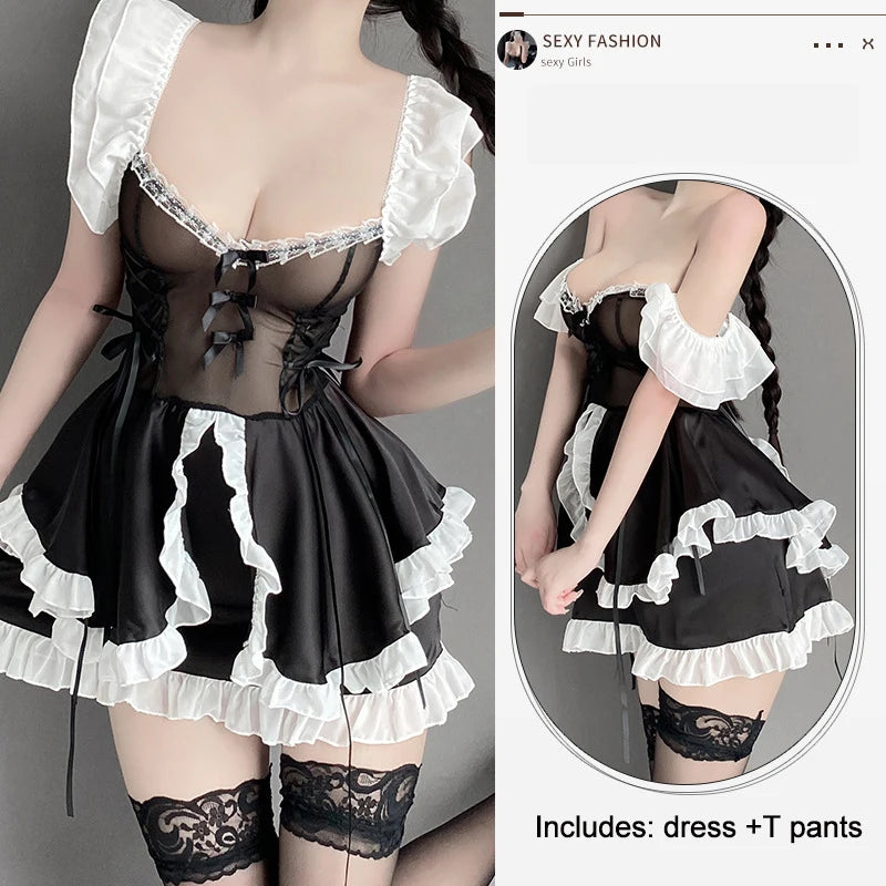 Maid Dress Cosplay Costumes Women Sexy Lingerie Perspective Erotic Underwear Sweet Uniform Skirt Maid Lace Outfit Porno Suit