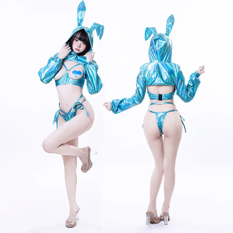 Anime Cute Bunny Girl Costumes Women Sexy Laser Leather Hooded Bodysuit Outfits Kawaii Rabbit Ears Uniform Bikini Set Nightdress