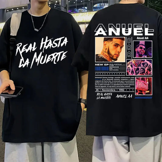 Rapper Anuel AA Real Hasta La Muerte T Shirt Men Fashion Hip Hop Streetwear T Shirts Unisex Casual 100% Cotton Oversized T-shirt