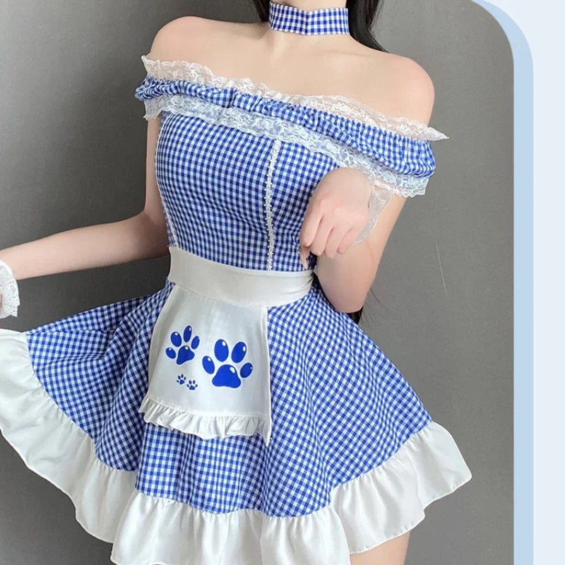 Cute Waiter Roleplay Costumes Lolita Blue Plaid Dress Cosplay Maid Uniform Women Kawaii Servant Outfits Passion Lingerie Pajamas