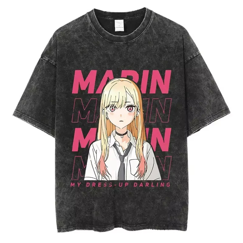 Vintage Black Washed Cotton Tees Shirts Anime Graphic Tshirts for Men Women Casual Short Sleeve Tops Cosplay Hip Hop Streetwear