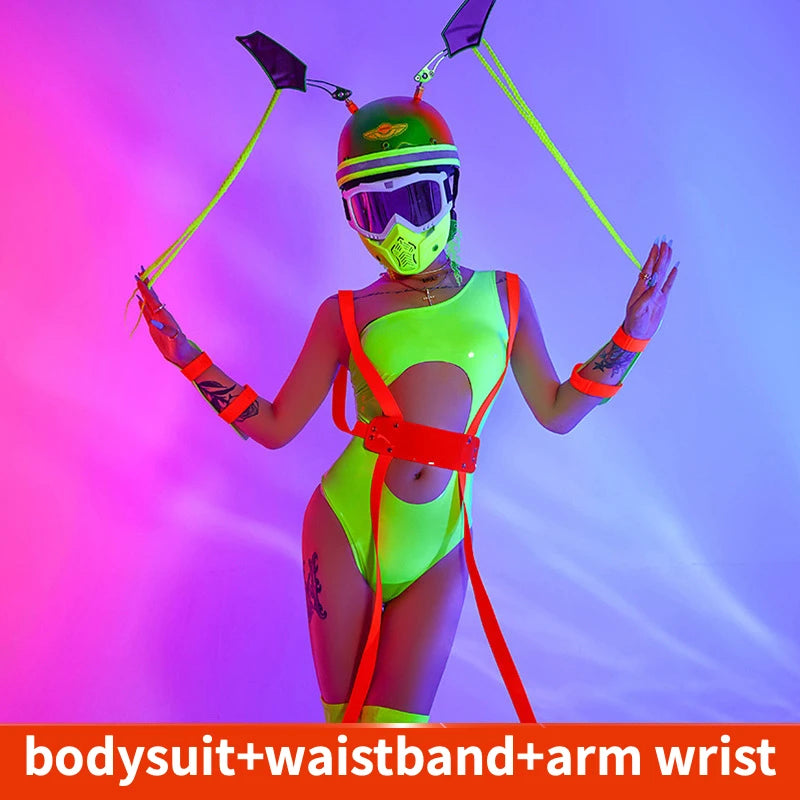 Drag Queen Gogo Dancer Costume Women Fluorescent One-Piece Bodysuit Goggles Stage Outfit Pole Dance Nightclub Bar Rave Clothes