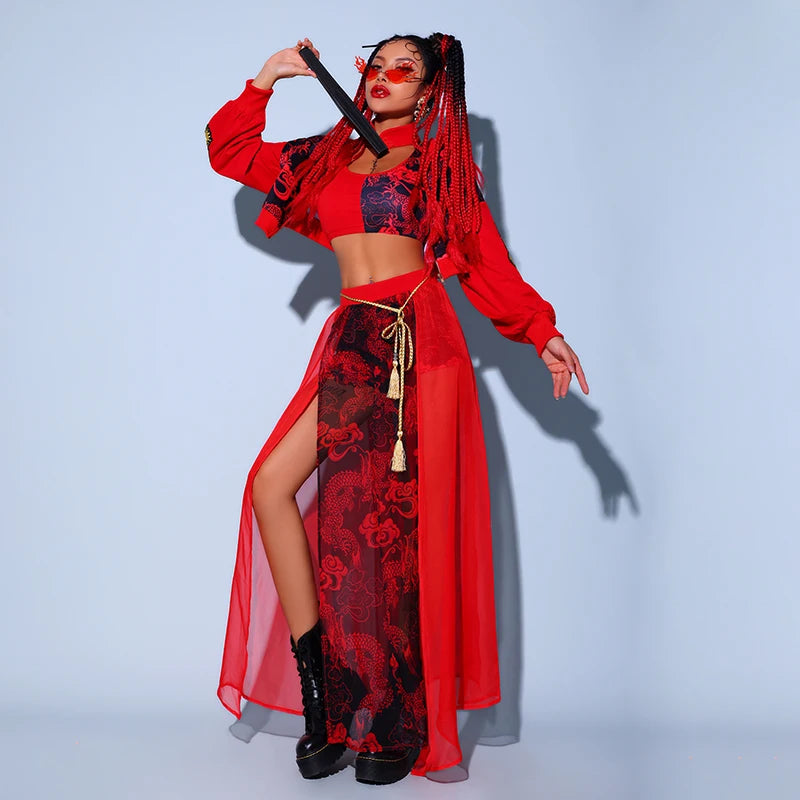 Red Festival Outfits Hip Hop Clothes For Adults Gogo Dance Stage Costumes Chinese Style Women'S Jazz Performance Clothes