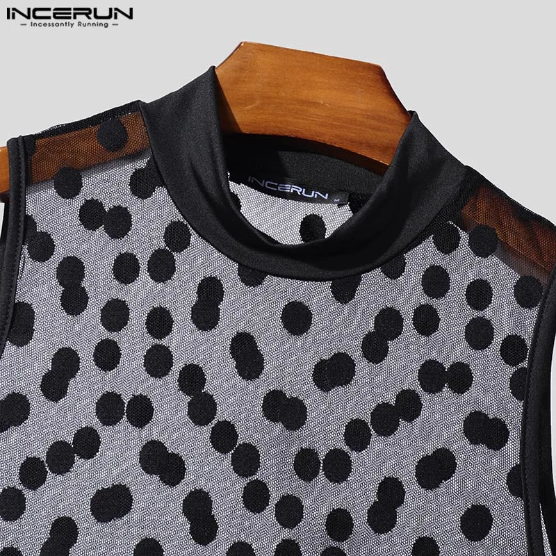 INCERUN Fashion New Men Homewear Polka Dot Mesh See Through Bodysuit Sexy Semi High Neck Sleeveless Triangle Thin Jumpsuit S-3XL
