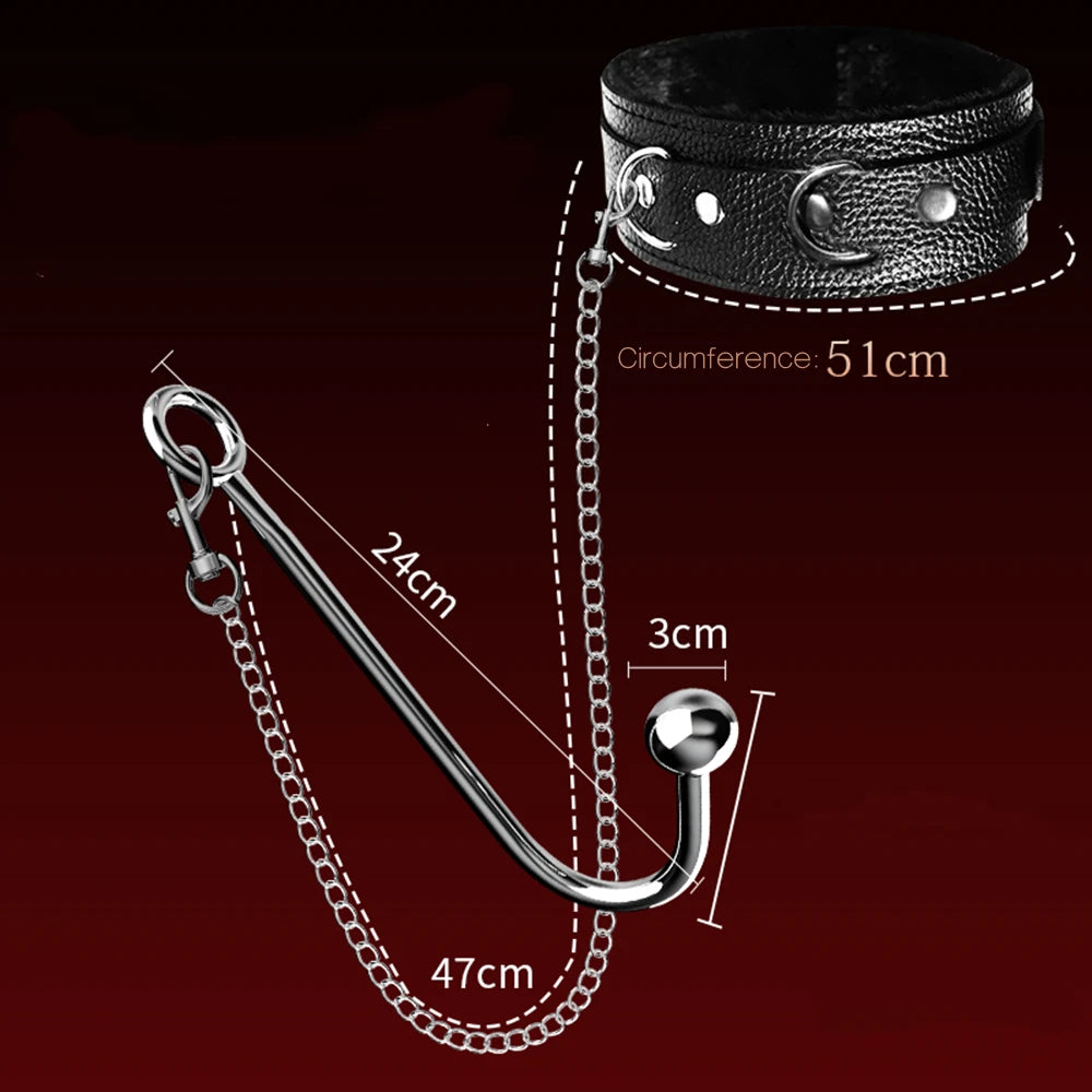 JIUAI Metal Anal Hook with Leather Collar Sexual Kits BDSM Erotic Bondage Restraint Game for Fetish Couples Adult Anal Sex Toys
