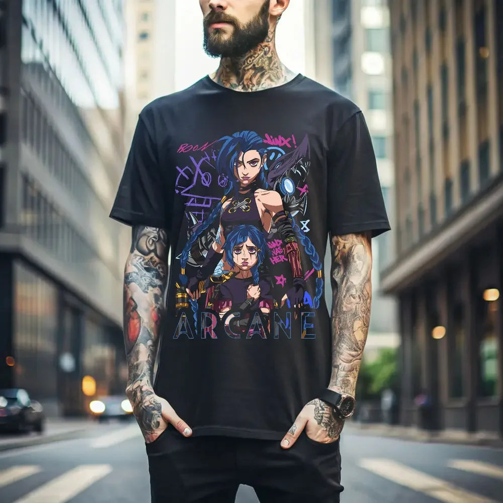 Jinx Arcane T-Shirt Japanese Anime Cartoon Jinx Black T-Shirt 044  Graphic T Shirts  Oversized T Shirt Women's Clothing