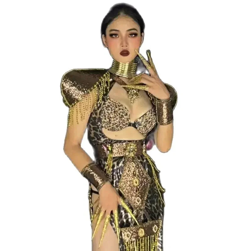 Sexy Gogo Dancer Costumes Halloween Festival Outfit Women Stage Show Rave Wear Gold Leopard Cutout Top Fringed Skirt