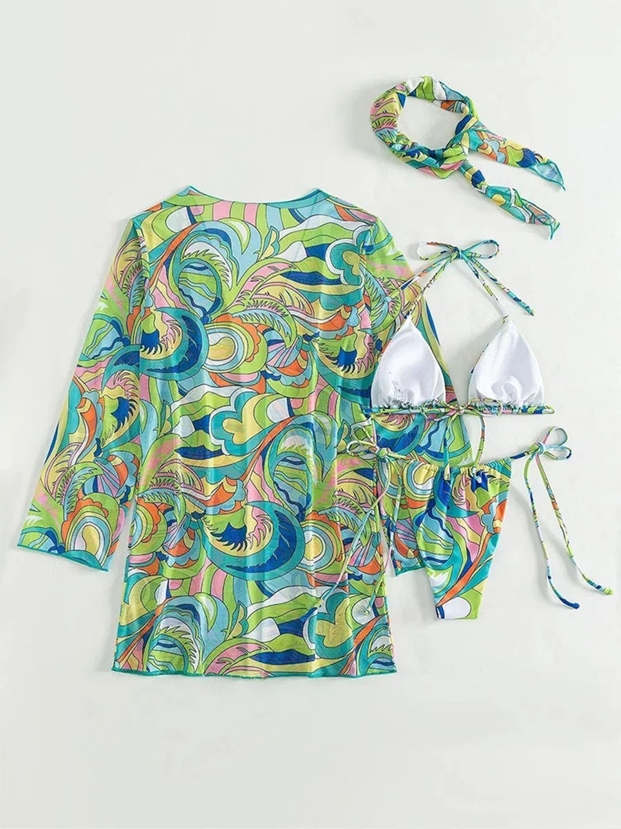 4 PCS Printed With Cover Up Hairband Bikini