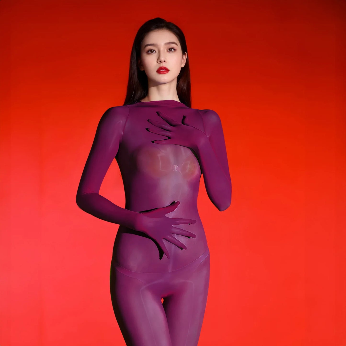 Women Sexy Cosplay Maid Tights Thin Oil Glossy Five Finger Sleeve Jumpsuits Stockings See Through Bodysuits Leotard Candy Color