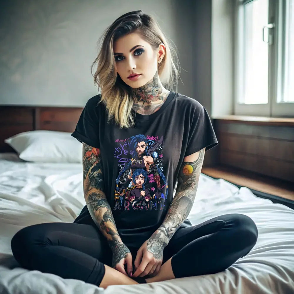 Jinx Arcane T-Shirt Japanese Anime Cartoon Jinx Black T-Shirt 044  Graphic T Shirts  Oversized T Shirt Women's Clothing