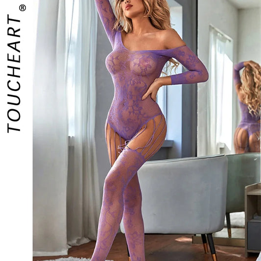 Toucheart Purple Sexy Bodysuit Party Jacquard Off-Shoulder Body Shaping Jumpsuit for Women Solid Color Mesh Hollow Sexy Bodysuit